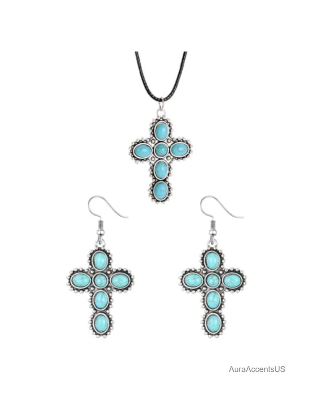 Turquoise Cross Pendant Necklace Earrings Set Leather Cord Boho Western Jewelry